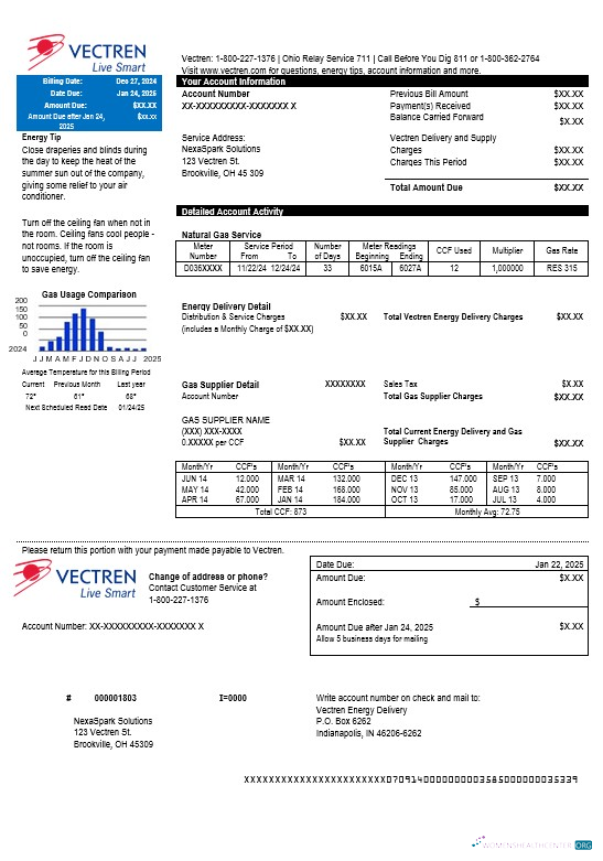 Download USA Ohio Vectren Energy business utility bill template in Word and PDF formats Photoshop template
